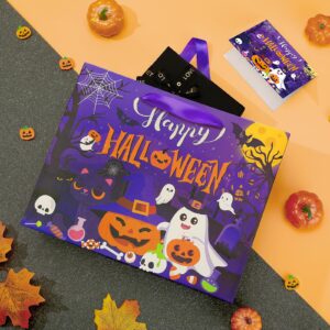 Large Halloween Party Gift Bag, Purple Halloween Paper Bags with Handle Halloween Tissue Paper Cute Pumpkin Skeleton Ghost Halloween Birthday Party Favors Decor for Trick or Treat Party Supplies