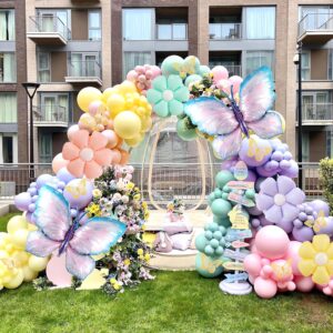 Futureferry Butterfly and Daisy Flower Balloons Arch Garland Kit 164Pcs Pastel Purple Green Yellow Pink Orange Balloons with Butterfly Stickers for Birthday Party Baby Shower Decorations