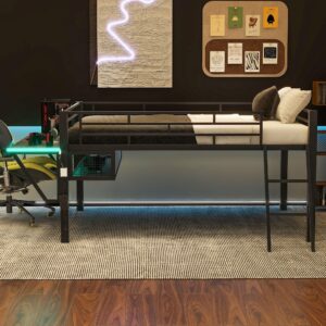 Bellemave Full Loft Bed with Desk, Gaming mid loft Bed with Desk, LED, Low loft Bed for Adults, Teens, Kids, Full loft Bed with Storage Space, Black