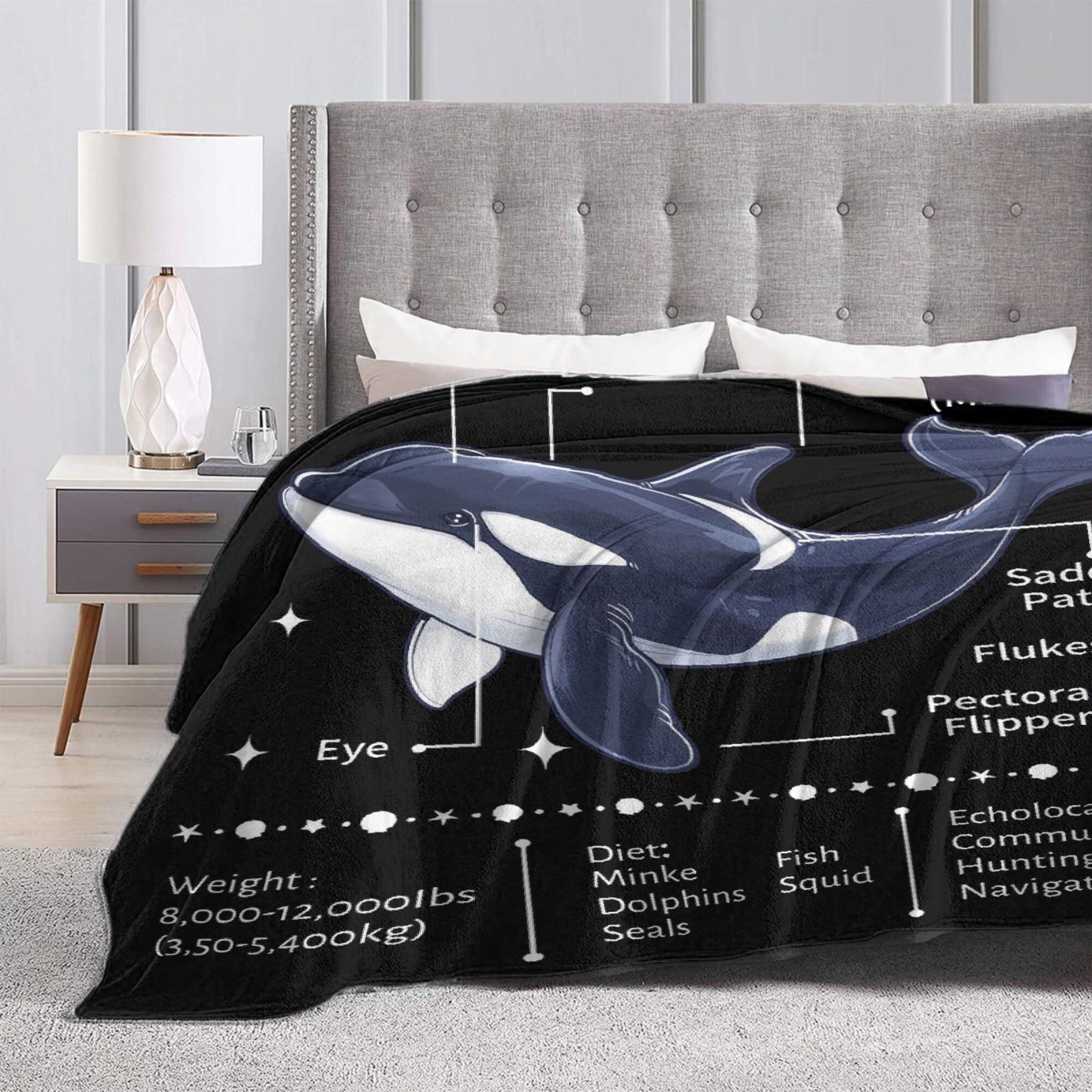 Whale Blanket, Orca Gifts for Kids, Anatomy of Whale Throw, Soft Flannel Plush Fish Blankets for Bedroom Sofa Ocean Themed Decoration, 50 "x 40" S for Kids