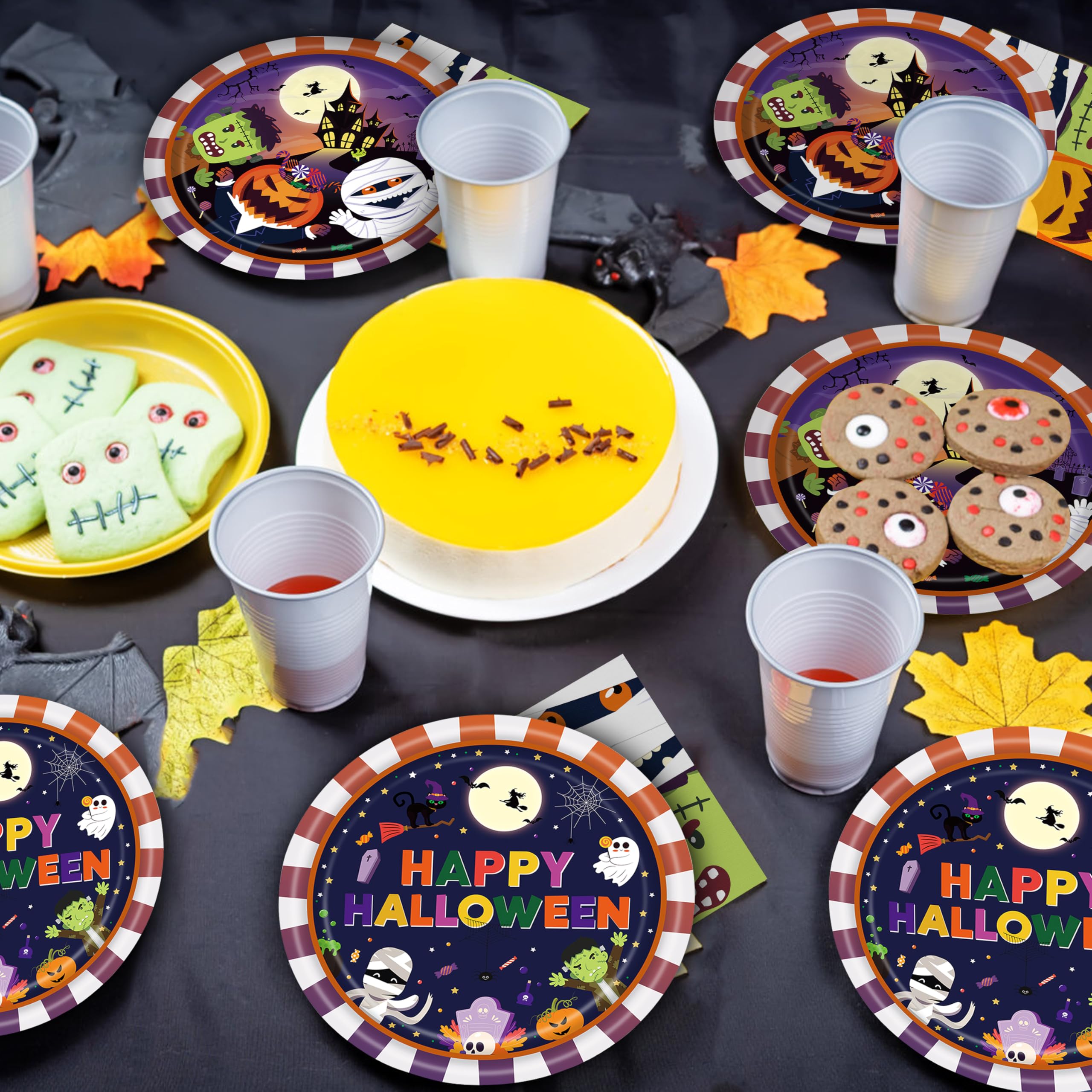 Fesciory 96 Pcs Halloween Party Plates and Napkins Forks Supplies, Disposable Paper Dessert Tableware Happy Birthday Halloween Decorations Favors Set, Serves 24 Guests