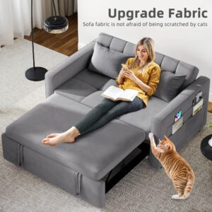 DWVO 55" Cat-Scratch-Proof Fabric Sofa Bed, 3-in-1 Sleeper Sofa with Pull-Out Bed, Convetible Futon Couch with Adjustable Backrest and Side Pocket, Loveseat for Living Room Apartment, Grey, Full Size