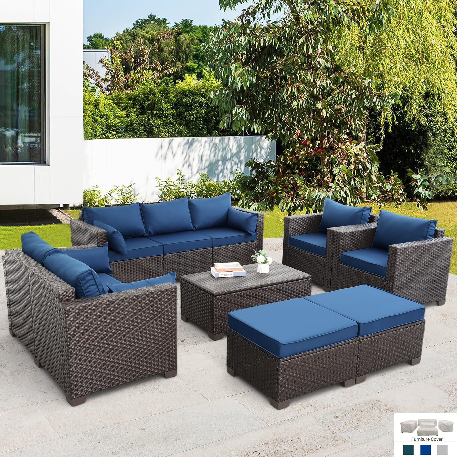 Patio Furniture Set Outdoor Patio Furniture with Storage Table Outdoor Couch Patio Chairs Outdoor 7-Piece Conversation Set with Non-Slip Cushions Waterproof Covers, Navy Blue