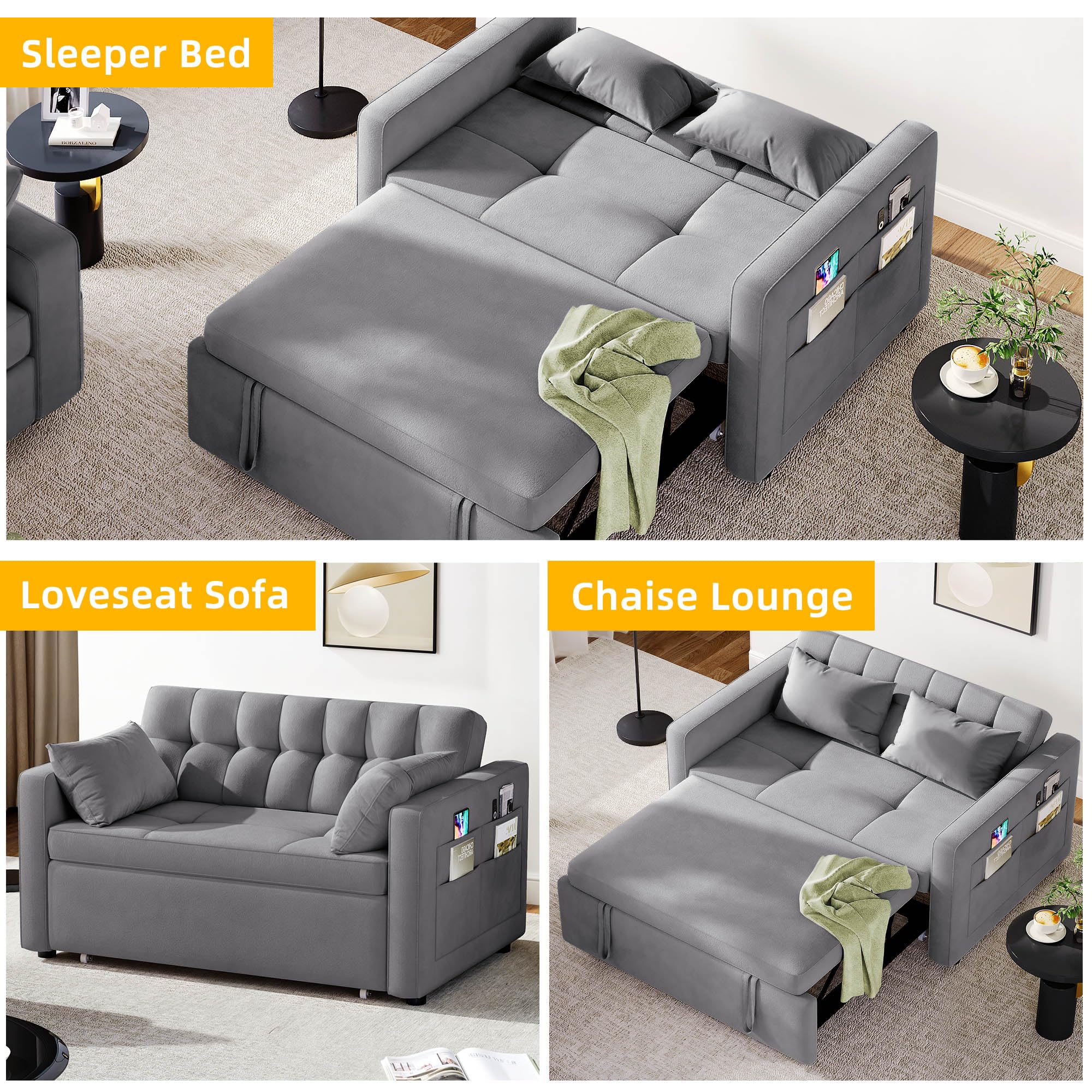 DWVO 55" Cat-Scratch-Proof Fabric Sofa Bed, 3-in-1 Sleeper Sofa with Pull-Out Bed, Convetible Futon Couch with Adjustable Backrest and Side Pocket, Loveseat for Living Room Apartment, Grey, Full Size