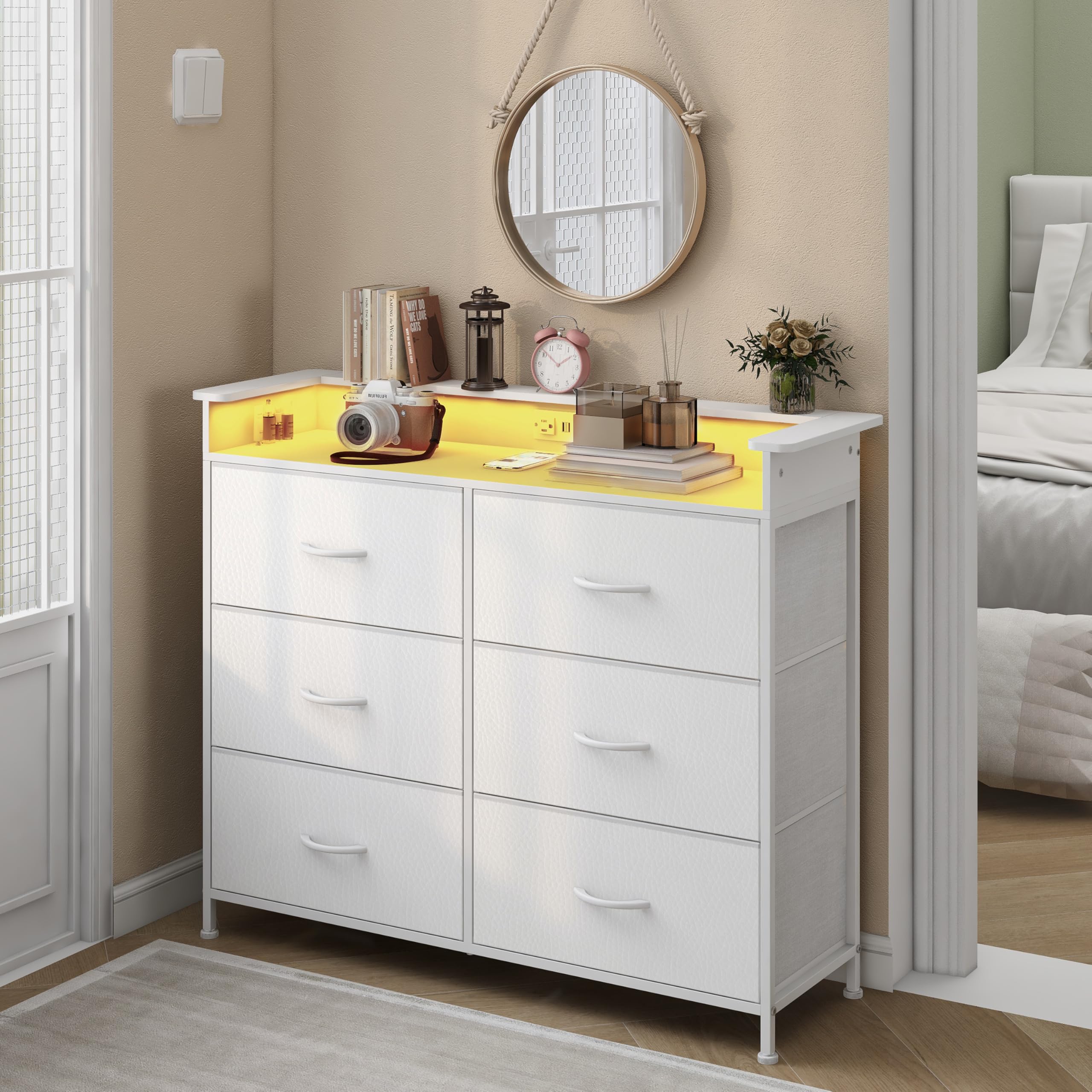 Welfuturer White Dresser for Bedroom with Charing Station and LED Light 6 Drawer Dresser with PU Finish Fabric Chest of Drawers for Closet Living Room Hallway Sturdy Steel Frame Double Wooden Tabletop