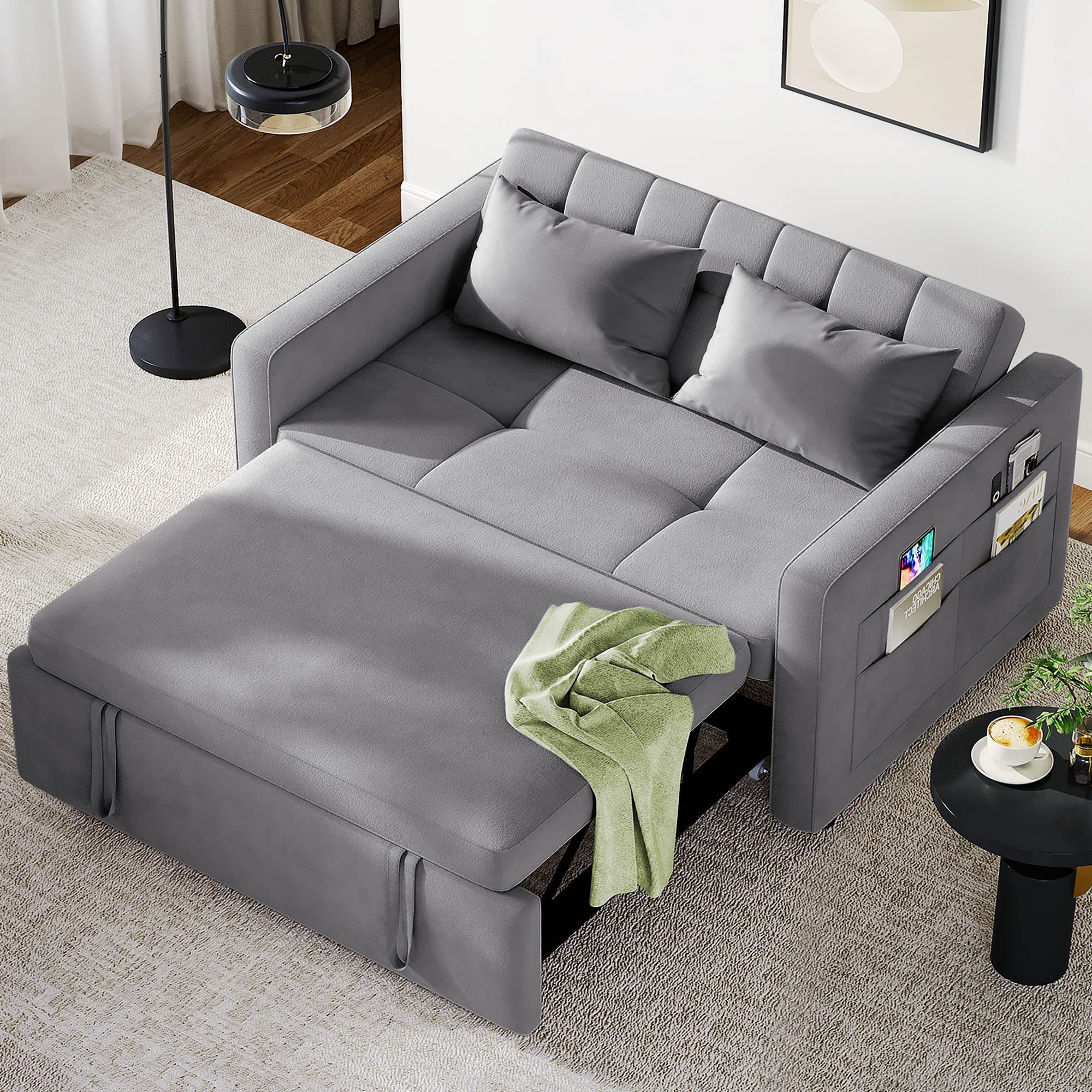 DWVO 55" Cat-Scratch-Proof Fabric Sofa Bed, 3-in-1 Sleeper Sofa with Pull-Out Bed, Convetible Futon Couch with Adjustable Backrest and Side Pocket, Loveseat for Living Room Apartment, Grey, Full Size