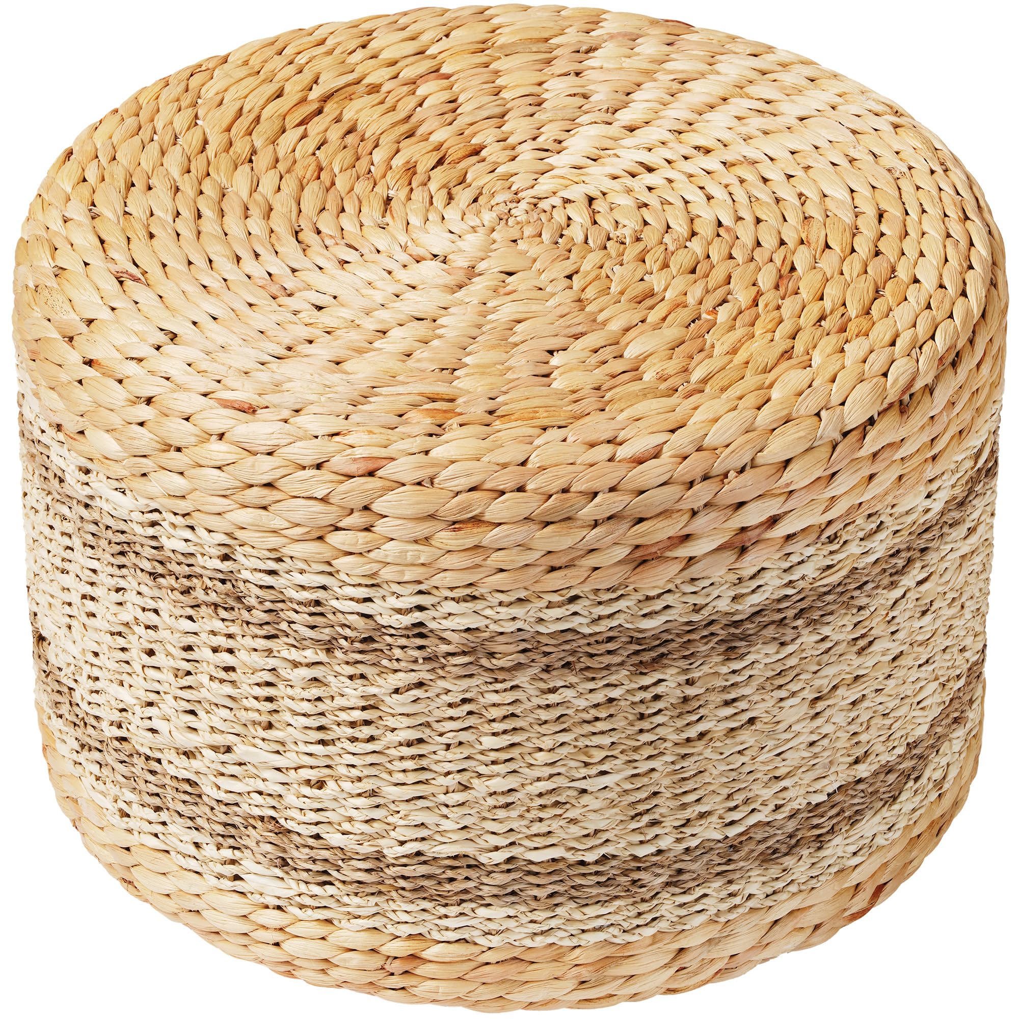 PrimeZone Patio Pouf Ottoman 18" D x 18" W x 12" H, Hand Woven Natural Seagrass Rattan Indoor Outdoor Footstool, Round Boho Poufs Footrest Floor Chair Seat for Living Room, Bedroom, Porch, Stripe