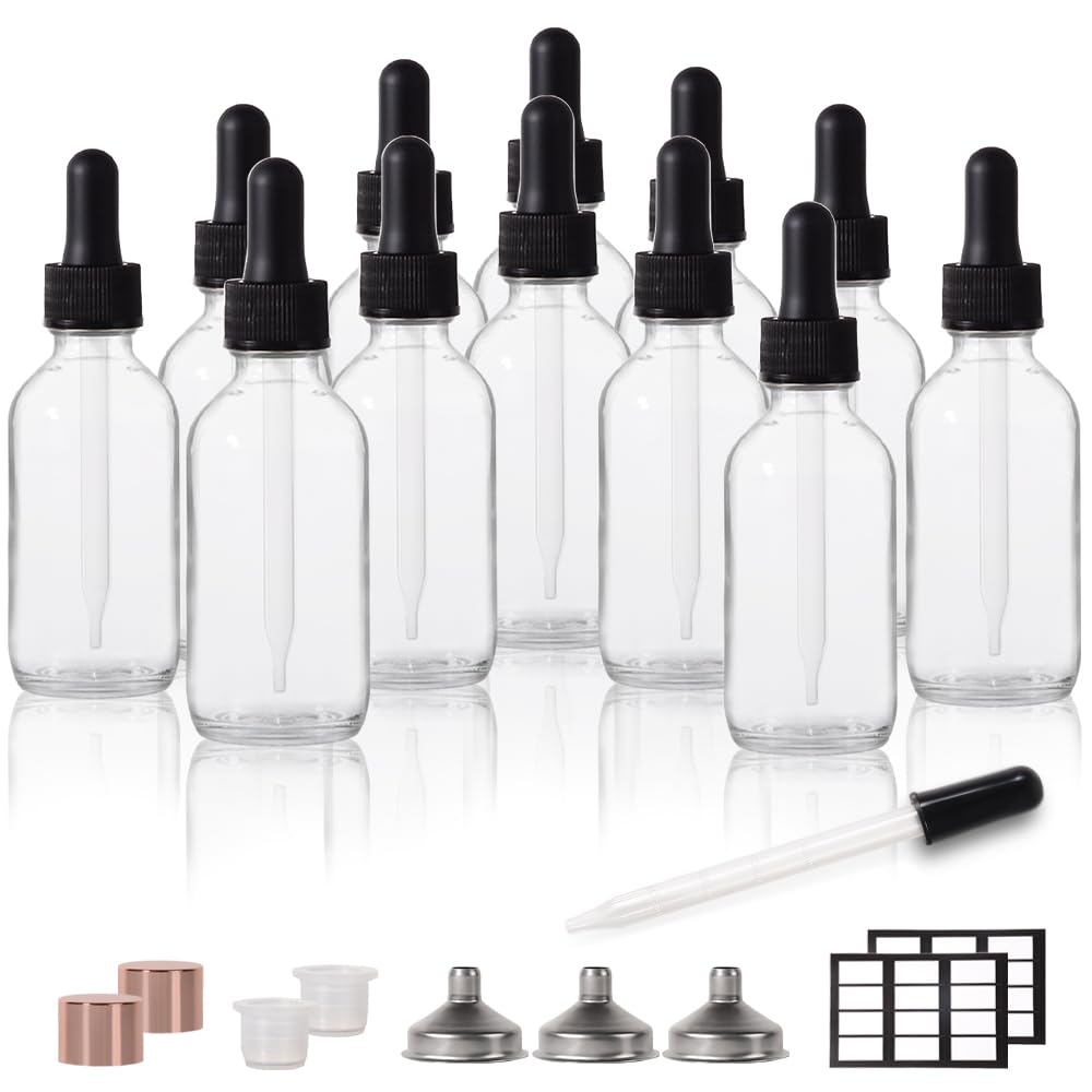 Stellacare 12p, 2oz Dropper Bottle, Glass Bottle, Small Glass Bottles with Lids Clear Glass Jars