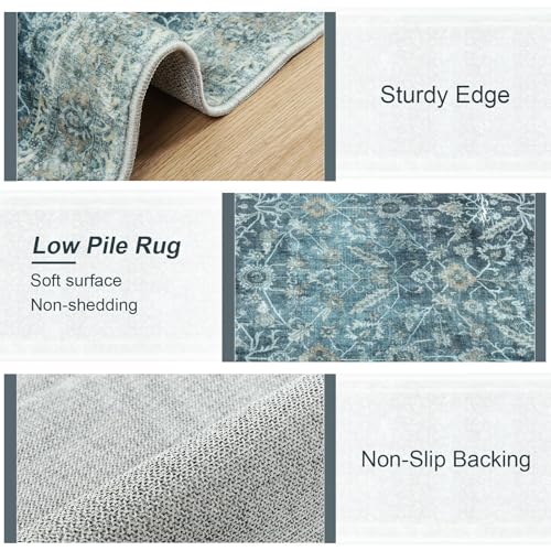 Nailttos Living Room Rug 8x10, Non Slip Distressed Retro Floral Blue Bedroom Rug, Low Pile Non-Shedding Living Room Carpet Large Rugs for Living Room Dining Room Farmhouse Office