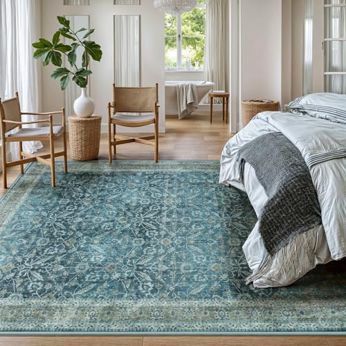 Nailttos Living Room Rug 8x10, Non Slip Distressed Retro Floral Blue Bedroom Rug, Low Pile Non-Shedding Living Room Carpet Large Rugs for Living Room Dining Room Farmhouse Office