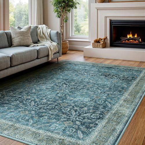 Nailttos Living Room Rug 8x10, Non Slip Distressed Retro Floral Blue Bedroom Rug, Low Pile Non-Shedding Living Room Carpet Large Rugs for Living Room Dining Room Farmhouse Office