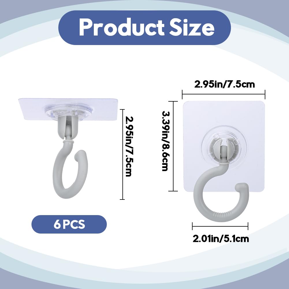 GORGECRAFT 6Pcs 360°Rotating Self Adhesive Ceiling Hooks Wall Sticky Hook Plastic Gainsboro Utility Rotatable Heavy Duty Swivel Hook Hangers for Kitchen Bathroom Home and Office Hanging Key Coat Towel