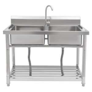 Stainless Steel Utility Sink, Free Standing Commercial Double Bowl Sink with Faucet, for Restaurant, Cafe, Workshop, Kitchen, Garage, Laundry Room, Outdoor