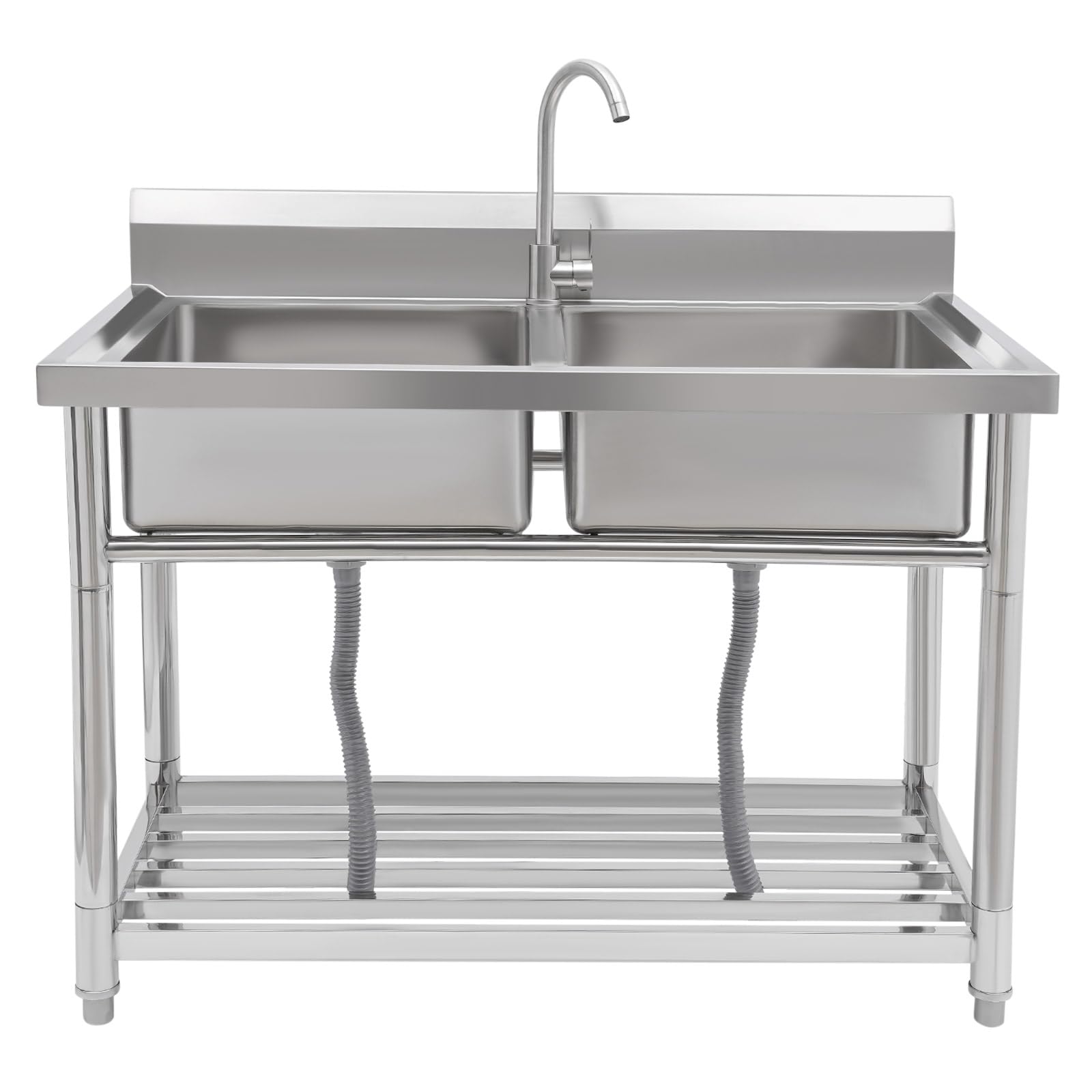 Stainless Steel Utility Sink, Free Standing Commercial Double Bowl Sink with Faucet, for Restaurant, Cafe, Workshop, Kitchen, Garage, Laundry Room, Outdoor