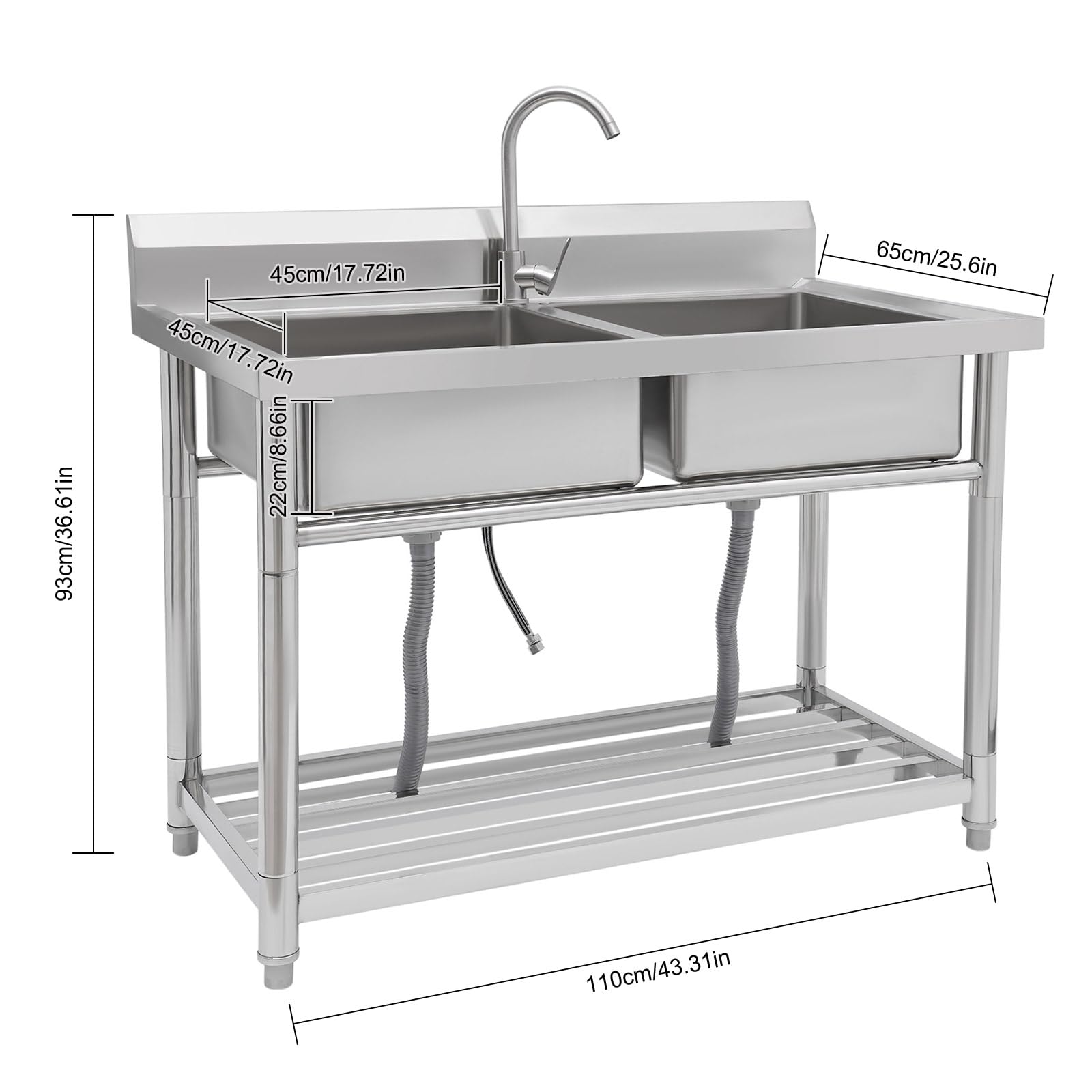 Stainless Steel Utility Sink, Free Standing Commercial Double Bowl Sink with Faucet, for Restaurant, Cafe, Workshop, Kitchen, Garage, Laundry Room, Outdoor