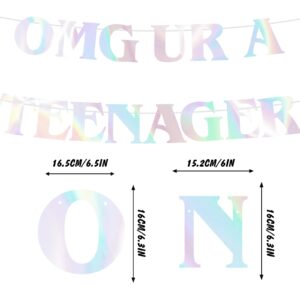 Generic Iridescent 'OMG UR A TEENAGER' Banner, 13th Birthday Party Decor for Girls, 13 Years Old Birthday Sign, Happy 13th Birthday Party Supplies