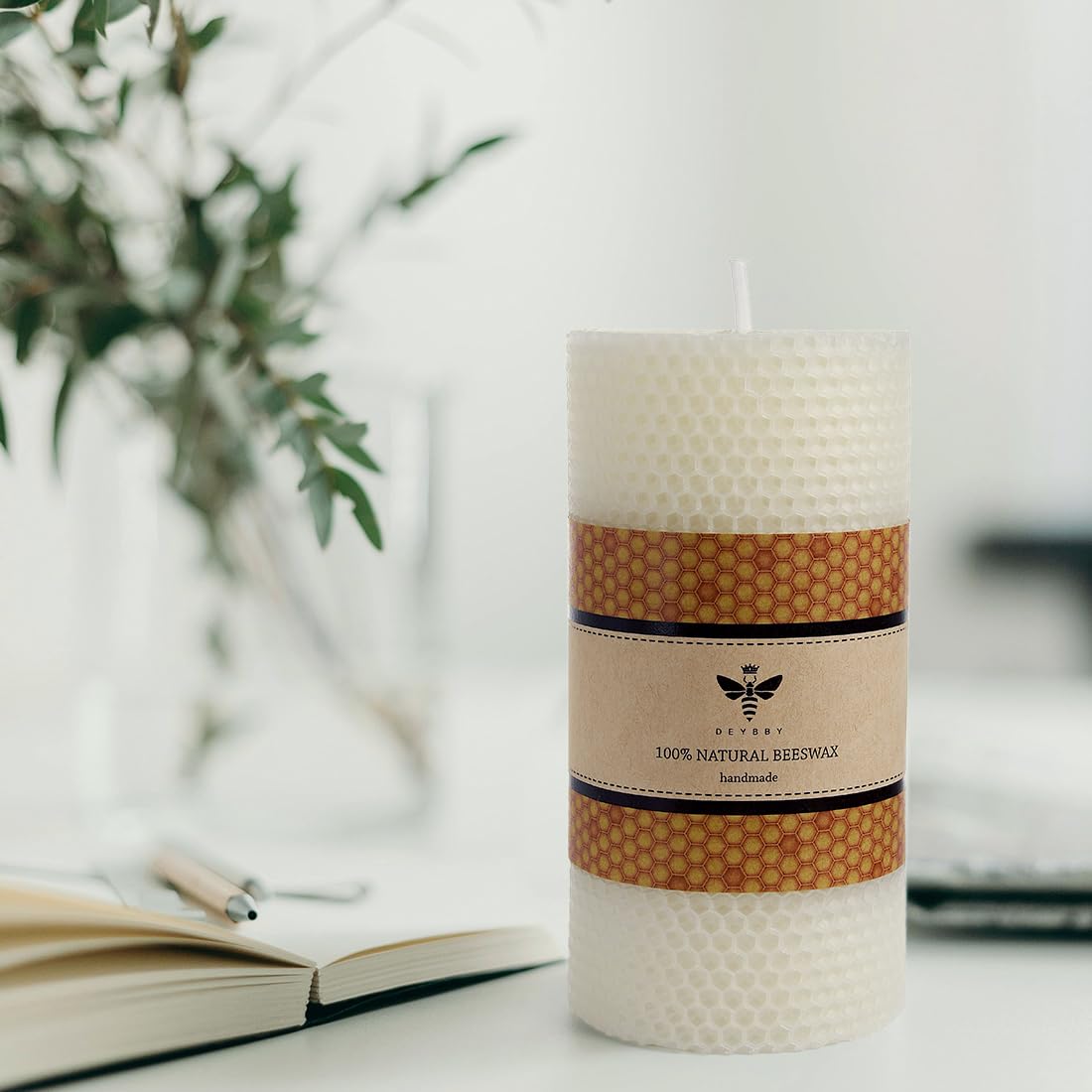 White Beeswax Pillar Candle - Handmade Pure Beeswax Rolled Candle for Gift & Home Decor (3×6 in)