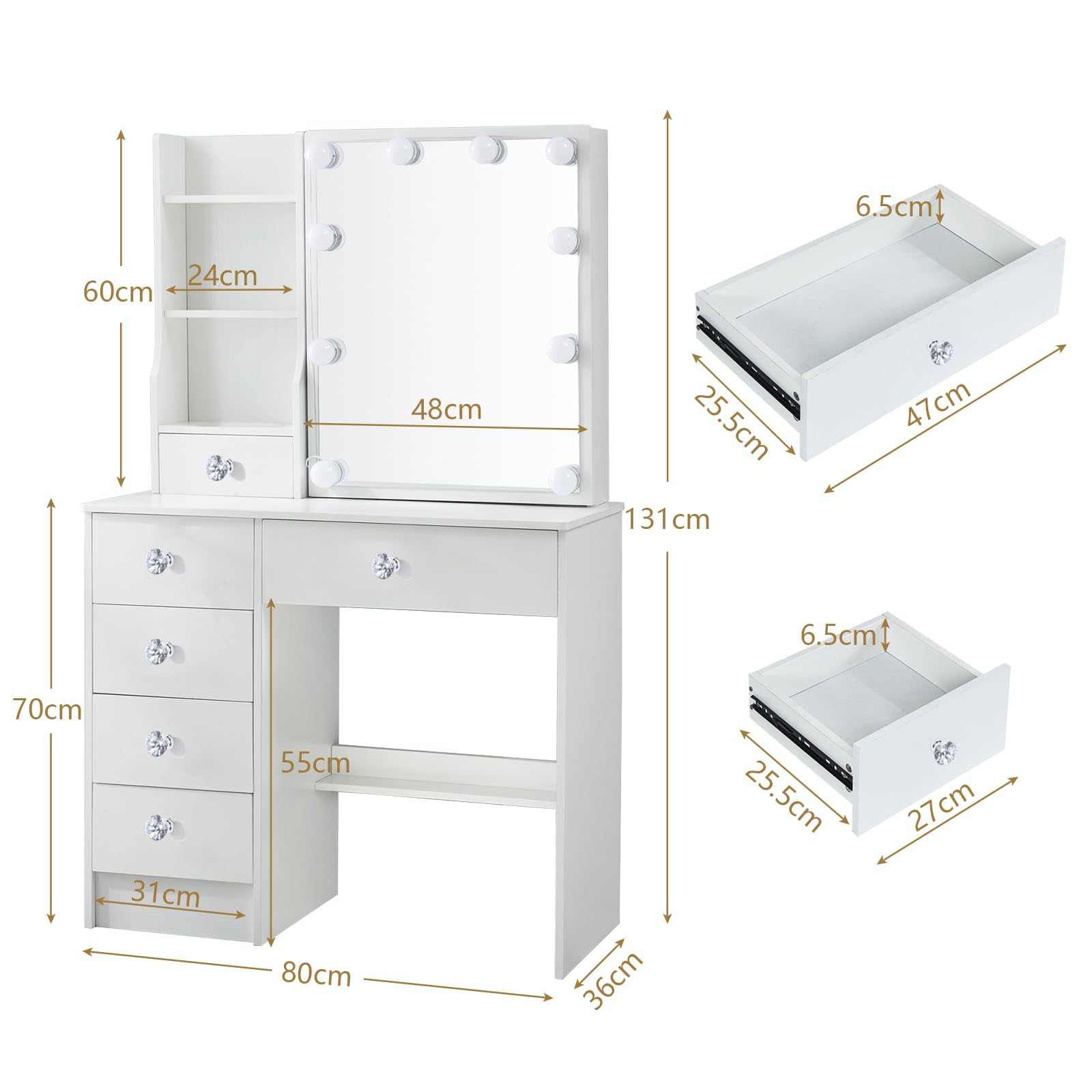 onesaimei White Vanity Set with Lighted Mirror, Women Girls Makeup Dressing Table for Bedroom with 4 Drawers and Cushioned Stool