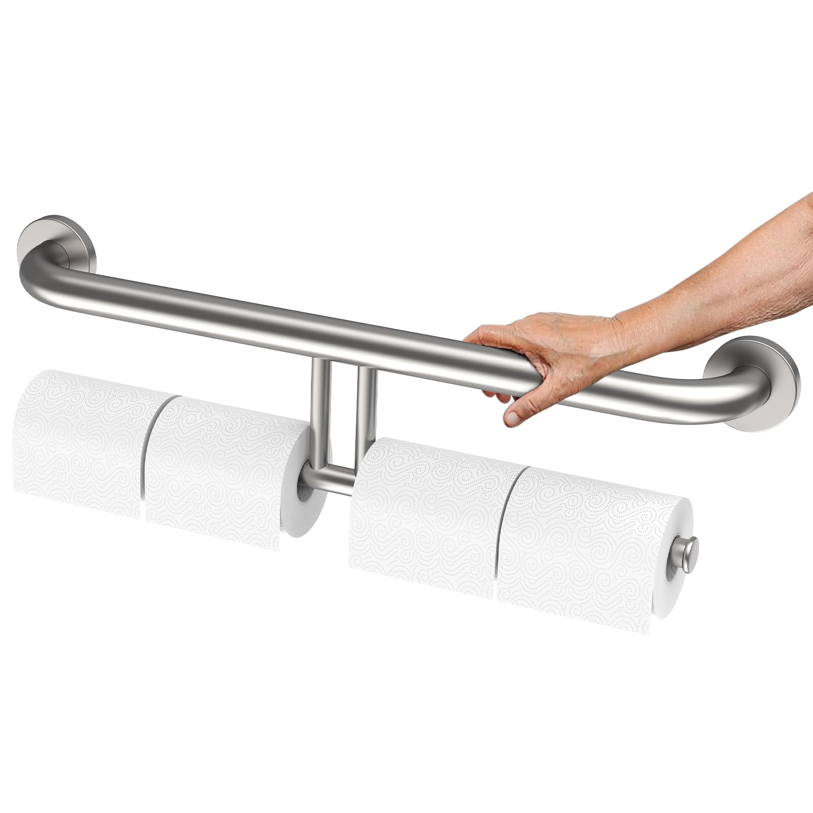 Brushed Nickel Double Toilet Paper Holder w/Safety Bar 24 inch, Zepolu 2-in-1 Assist Bar Balanced Support Handle, Stainless Steel Wall Mounted Bathroom Toilet Grab Bar for Senior Elderly Handicap