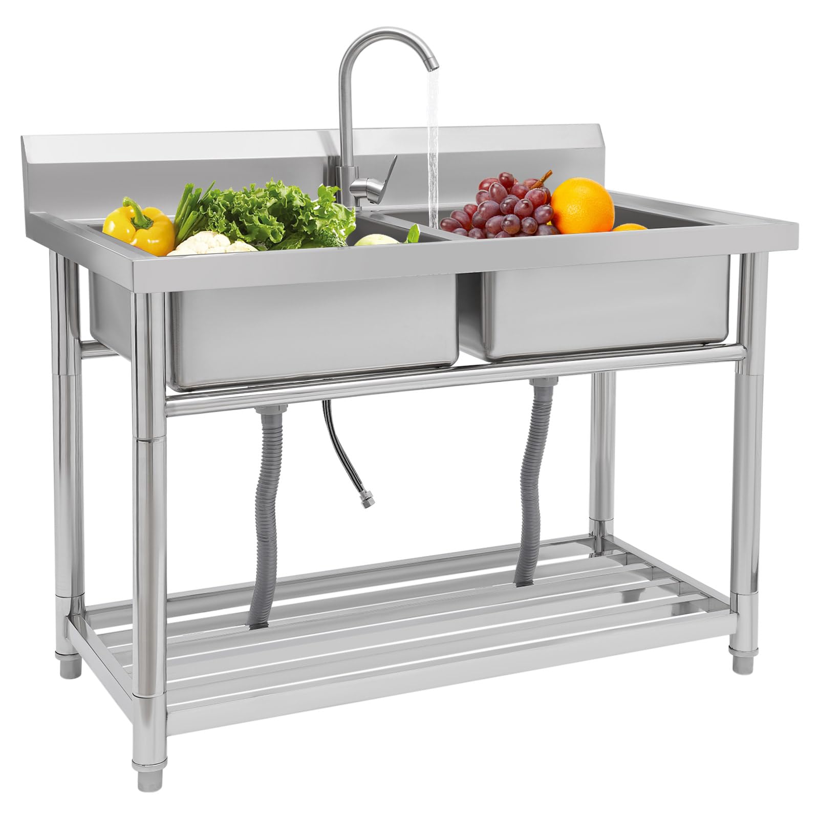 Stainless Steel Utility Sink, Free Standing Commercial Double Bowl Sink with Faucet, for Restaurant, Cafe, Workshop, Kitchen, Garage, Laundry Room, Outdoor