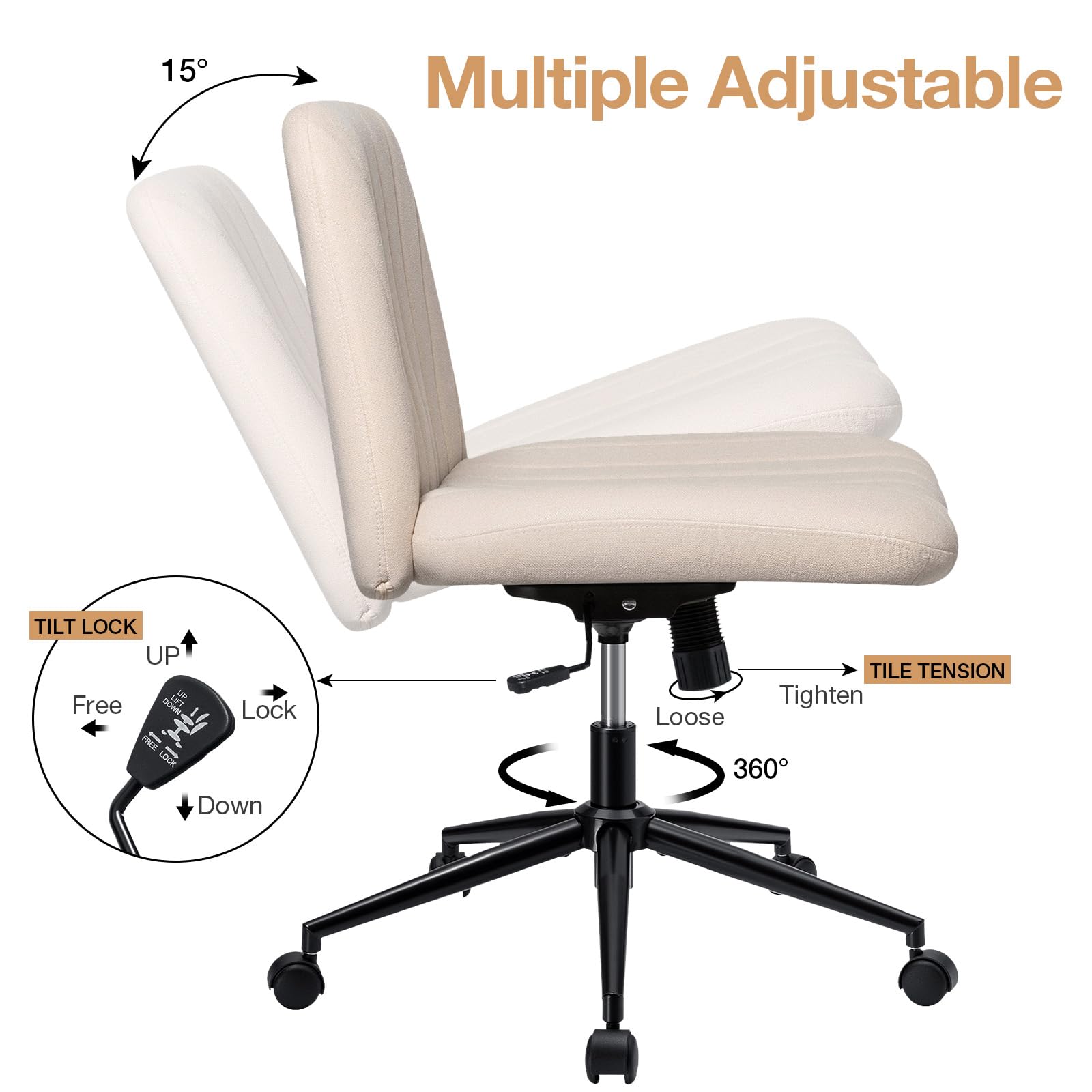 HOFFREE Criss Cross Chair Cross Legged Office Chair with Wheels Armless Chair Home Office Chair Ergonomic for Desk Fabric Beige