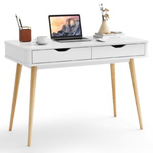 tangkula mid century desk with 2 storage drawers, modern writing study desk with rubber wood legs, versatile home office study desk for small space, vanity table for bedroom (white)