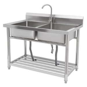 Stainless Steel Utility Sink, Free Standing Commercial Double Bowl Sink with Faucet, for Restaurant, Cafe, Workshop, Kitchen, Garage, Laundry Room, Outdoor