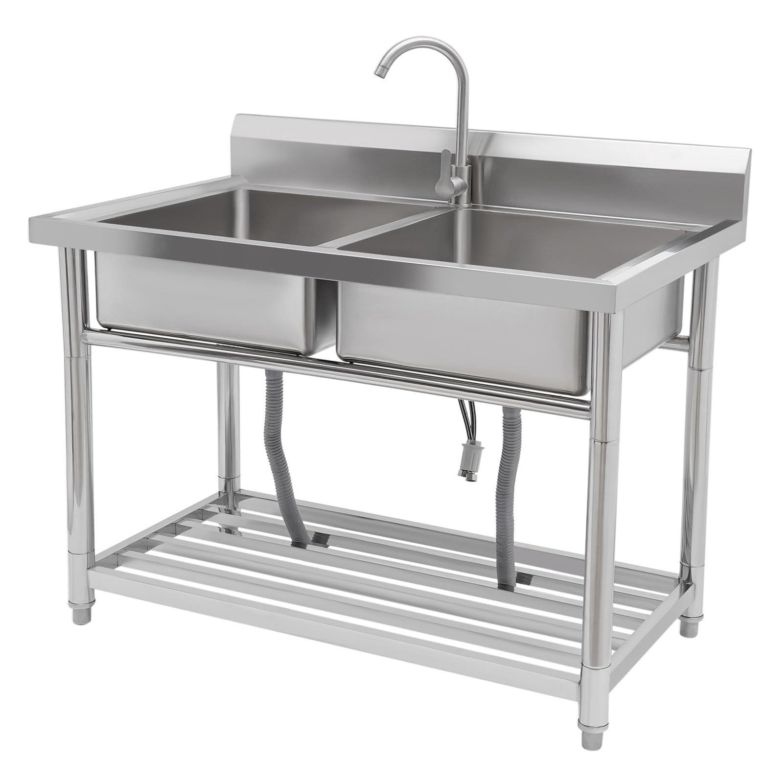 Stainless Steel Utility Sink, Free Standing Commercial Double Bowl Sink with Faucet, for Restaurant, Cafe, Workshop, Kitchen, Garage, Laundry Room, Outdoor