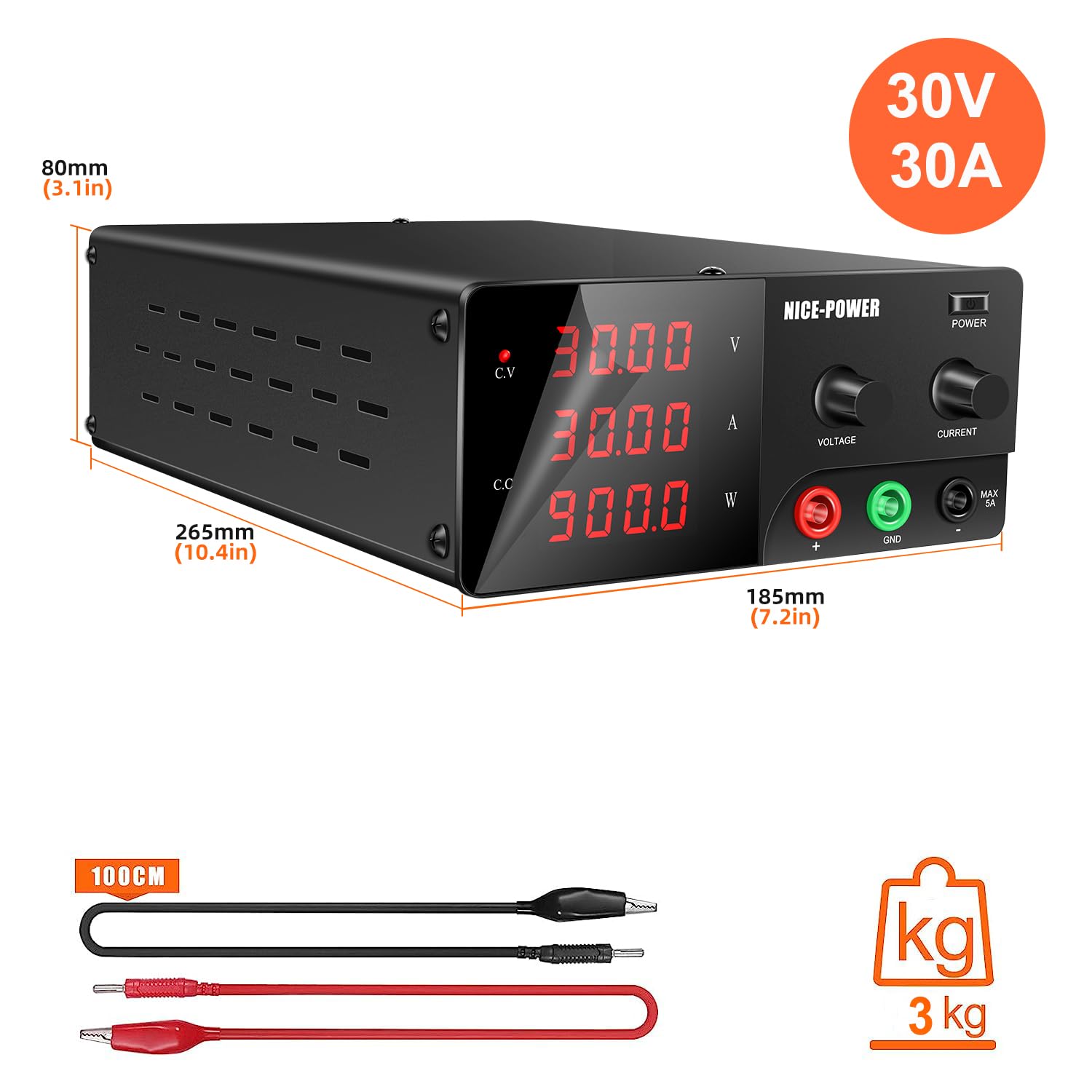 NICE-POWER DC Power Supply Variable, 30V 30A 900W High Power Bench Power Supply with Encoder Knob, 4-Digit LED Display Lab Power Supply Adjustable Switching Regulated Power Supply Battery Charging