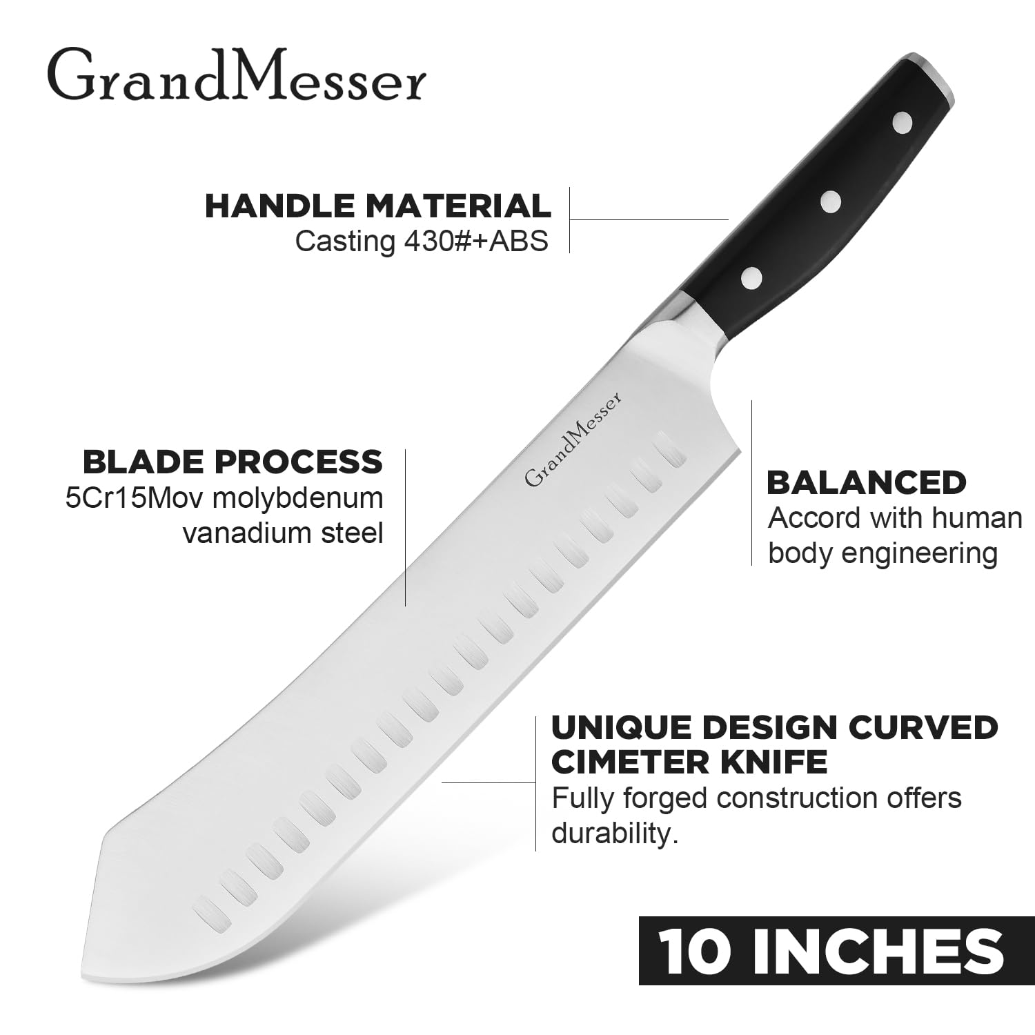 GrandMesser Butcher Knife, 10″ Bullnose Carving Knife & 9″ Sharpening Rod, Full Tang Ergonomic Handle Design, Forged High Carbon Steel, Premium Brisket Slicing Breaking Knife.