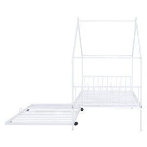 Guxeei Twin Size Metal House Bed, Modern Design Bed Frame with Trundle for Bedroom, Wood Slat Support, No Box Spring Needed, Easy Assembly (White)