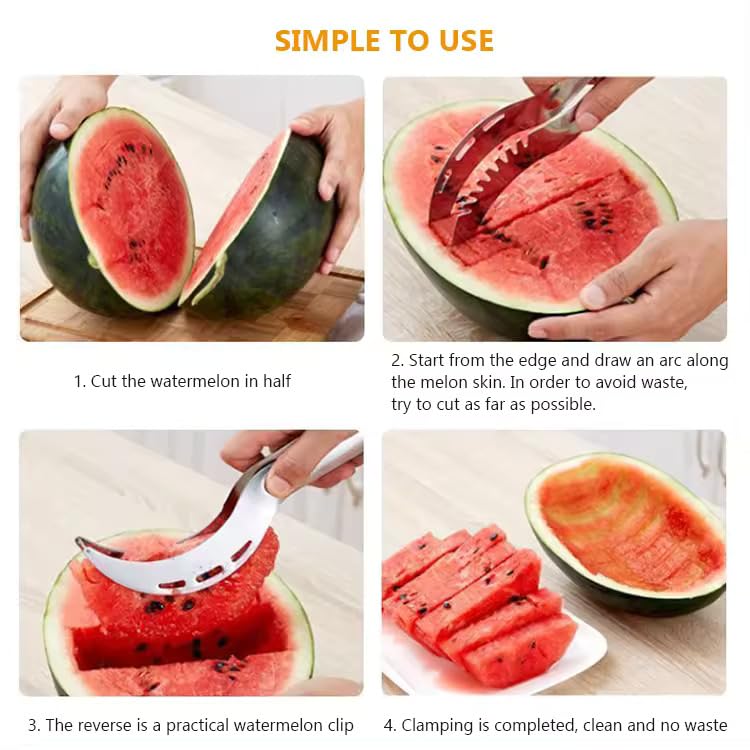 Generic New 2 pcs Set 2-in-1 Stainless Steel Fruit Cutter, Watermelon Melon Cutter with Fork, Tool 2 pcs Watermelon Slicer for Kitchen (Green)