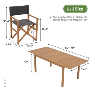 OC Orange-Casual 7 Piece Patio Dining Set, Outdoor Acacia Wood Furniture Set, Extendable Rectangular Table and 6 Folding Director Chairs w/Soft Padding, FSC Certified, for Backyard,Dark Grey