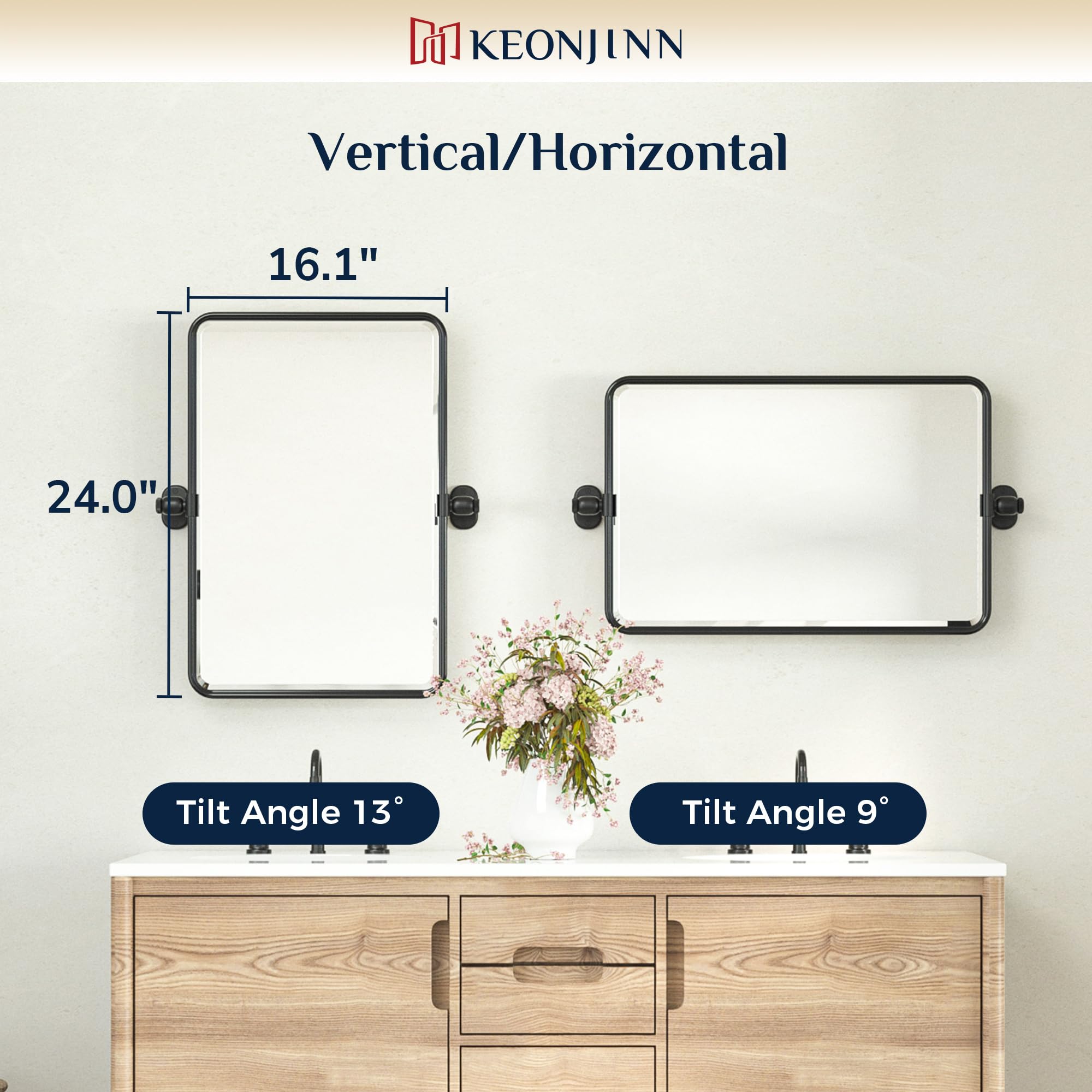 Keonjinn 16 x 24 In Small Pivot Mirror, Black Beveled Tilt Mirror Bathroom Rectangle, Adjustable Tilting Bathroom Mirror for Over Sink, Modern Fixed Bracket Framed Vanity Mirrors (Horizontal/Vertical)