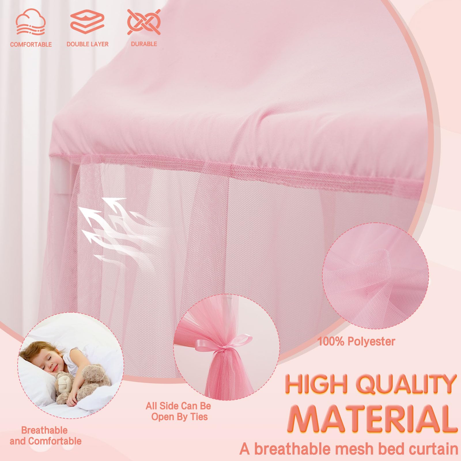 ZRVTM Princess Bed Canopy - Play Tent Bed Canopy Princess Castle Dreamy Playhouse Mosquito Net for Girls Reading Nook Canopies Breathable Canopy Bed Curtains for Kids(Twin,Pink)