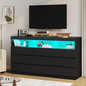 HAUOMS Black Dresser for Bedroom with LED Lights, Large Chest of Drawers Handle Free, Modern Long Dresser with 9 Drawers & Charging Station,for Living Room,Cloakroom,Entryway