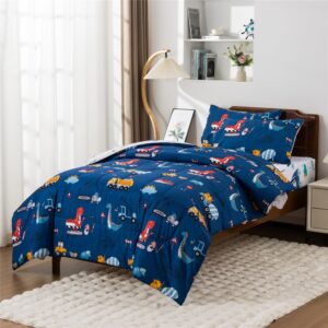 Meeting Story Construction Truck Car Twin Comforter Set for Boys,5 Pieces Dinosaur Bedding Set with Sheets and Pillowcases，Excavator Lightweight Microfiber Bedding Sets（Blue，Twin5pcs）