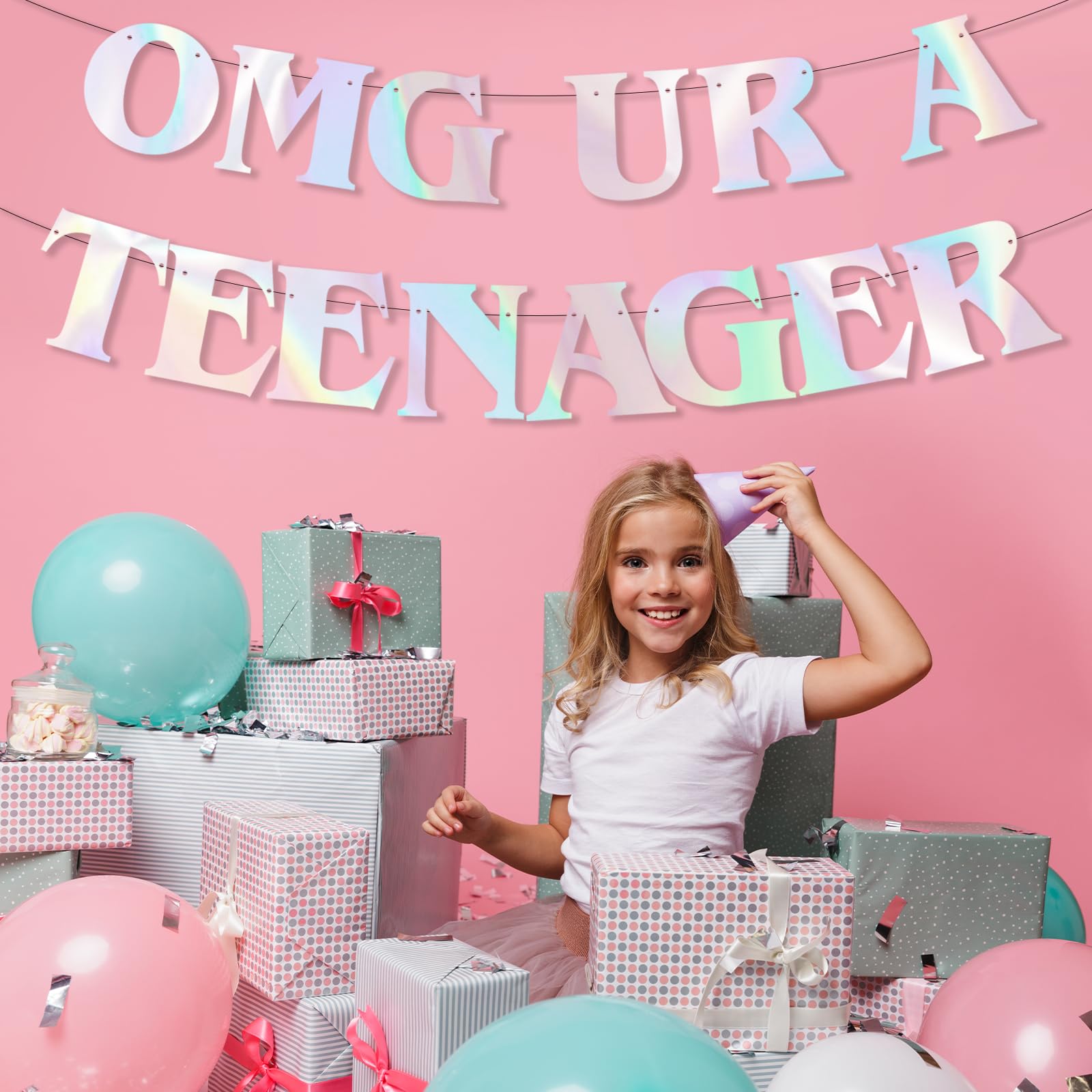 Generic Iridescent 'OMG UR A TEENAGER' Banner, 13th Birthday Party Decor for Girls, 13 Years Old Birthday Sign, Happy 13th Birthday Party Supplies