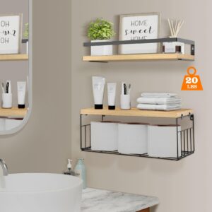 3 Set Bathroom Shelves Wall Mounted Over Toilet,Floating Shelves for Bathroom with Toilet Paper Storage Basket,Solid Wood Bathroom Wall Organizer with Metal Frame for Bathroom, Kitchen, Bedroom