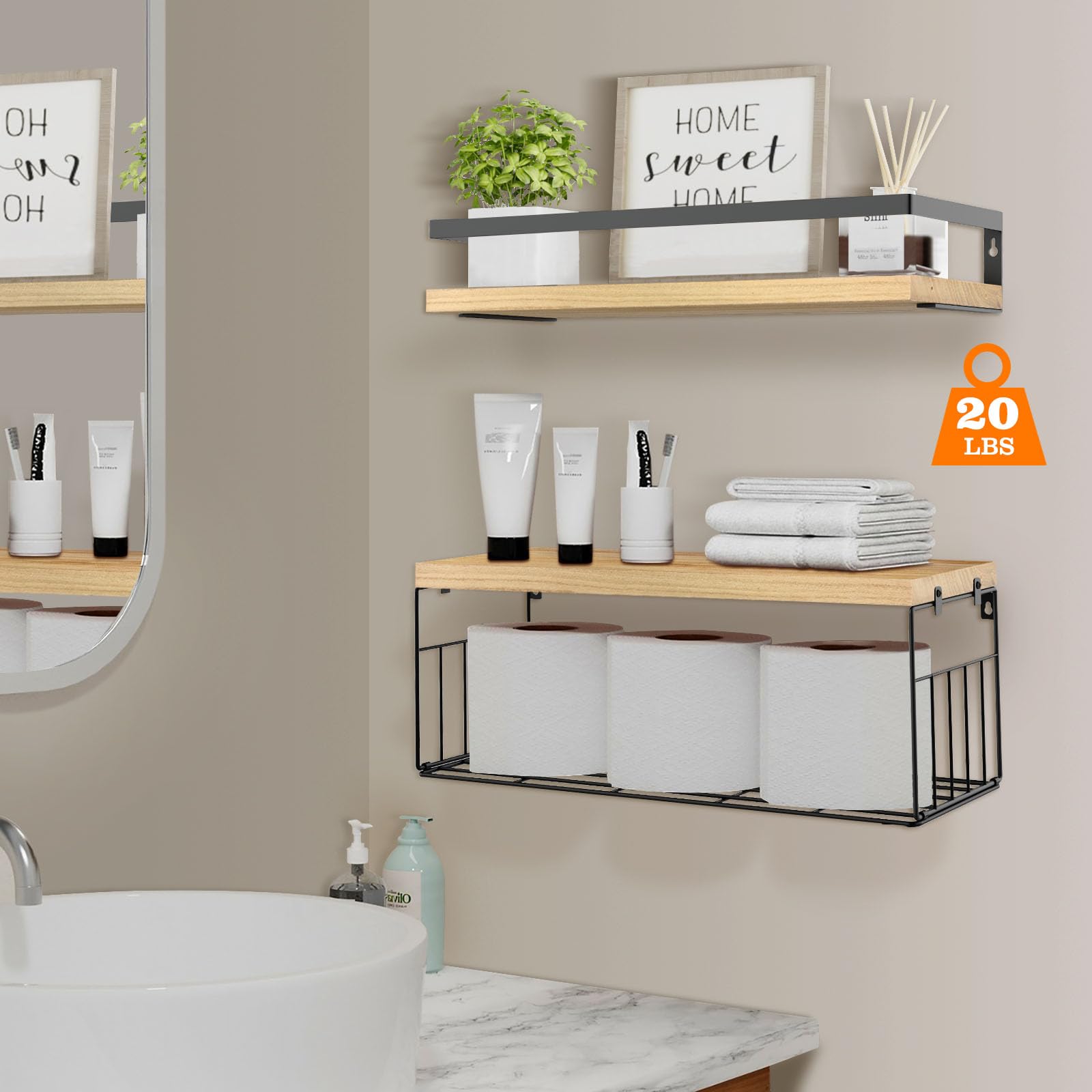 3 Set Bathroom Shelves Wall Mounted Over Toilet,Floating Shelves for Bathroom with Toilet Paper Storage Basket,Solid Wood Bathroom Wall Organizer with Metal Frame for Bathroom, Kitchen, Bedroom