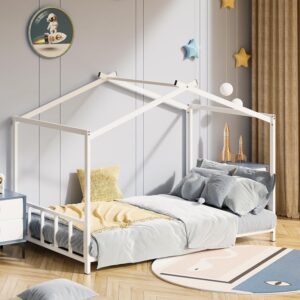 dnyn full size montessori floor bed & house bedframe with roof design for kids bedroom,super save space & easy assembly & no box spring needed, white