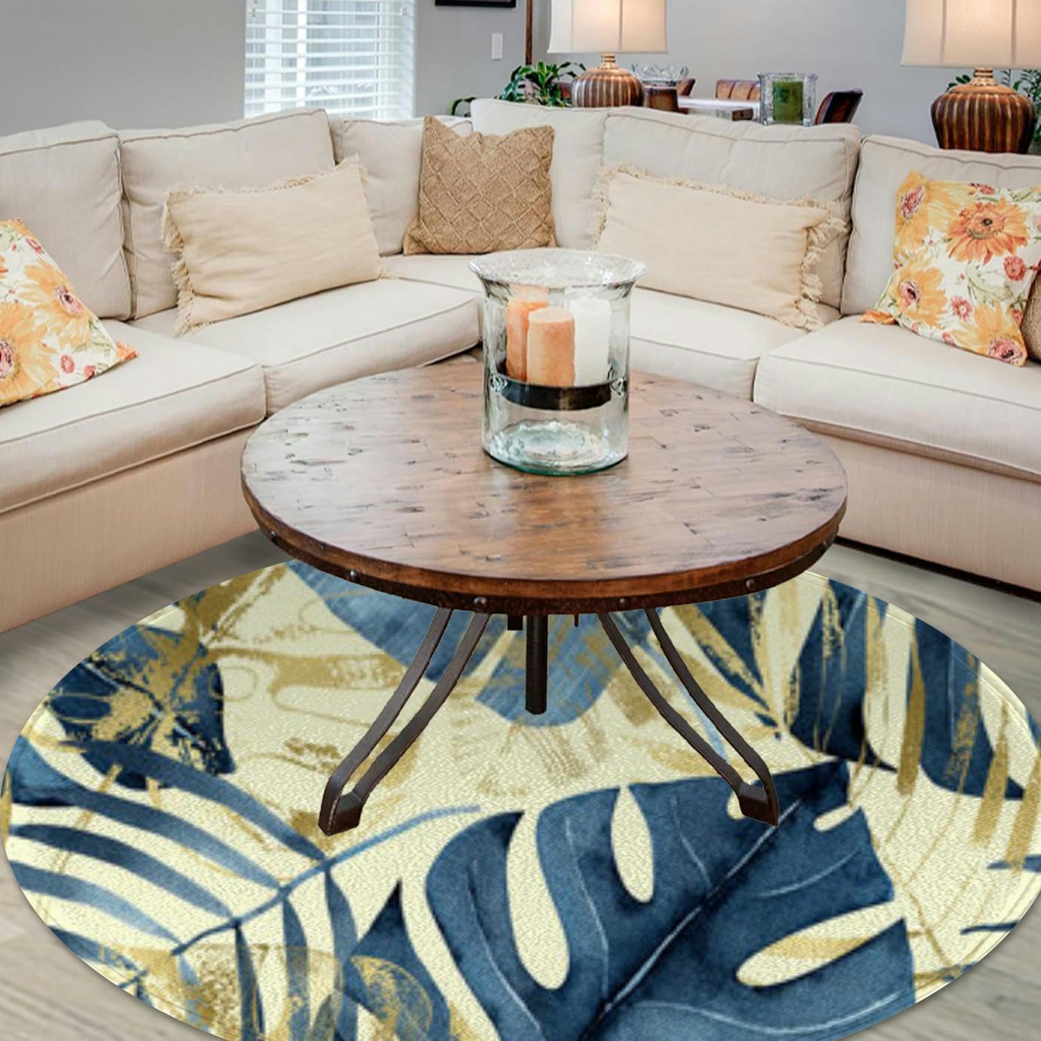 Round Rug 4ft for Kitchen Living Room Bedroom Dining Room Table Outdoor Entryway Washable Large Carpet Circular Circle Area Rug Watercolor navy blue and golden tropical leaves a light monstera palm