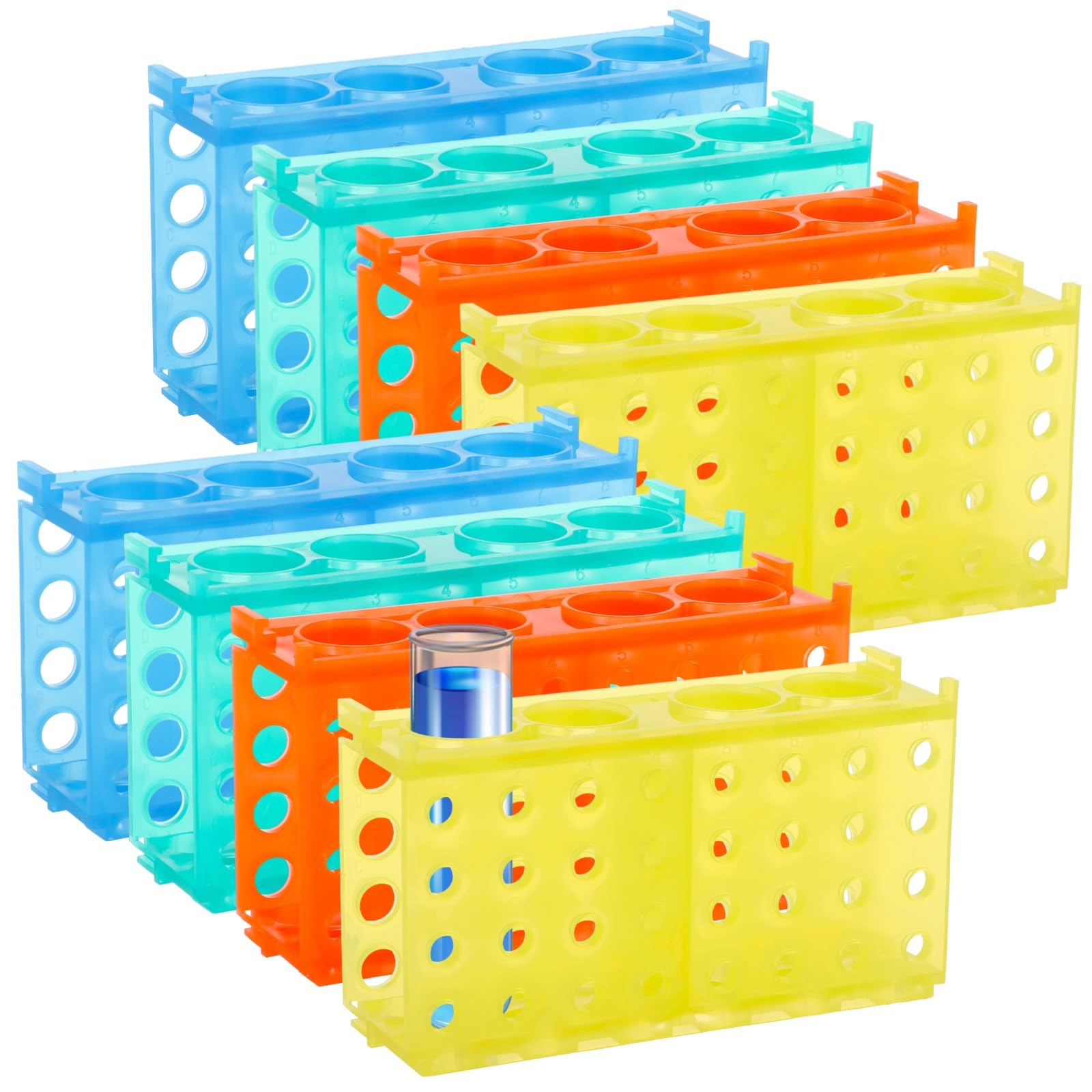 8 Pcs Test Tube Holders, 4-Way Interlocking Tube Racks for 0.5ml/ 1.5ml/ 10ml/ 15ml/ 50ml Centrifuge Tubes, Plastic Multi Tube Stands, Lab Experiment Supplies