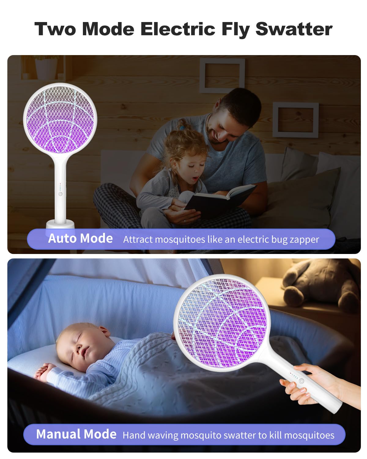 2Pack Electric Fly Swatter,4000V Bug Zapper Racket with 1500mah Battery Rechargeable,2 in 1 Fly Zapper & Purple Mosquito Killer Lamp with 3 Layers of Safety Net Suitable for Indoor and Outdoor