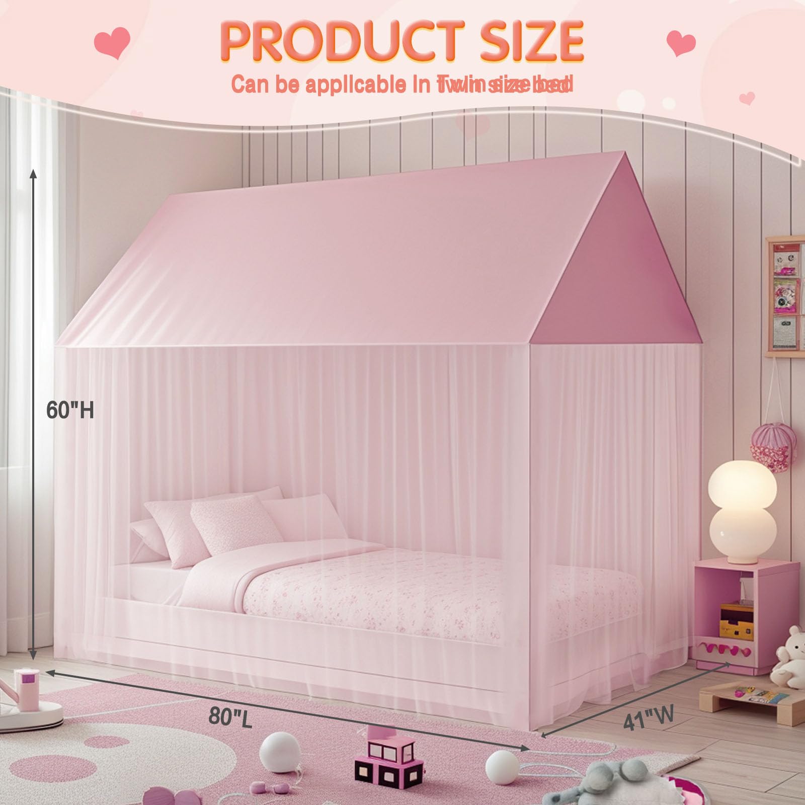 ZRVTM Princess Bed Canopy - Play Tent Bed Canopy Princess Castle Dreamy Playhouse Mosquito Net for Girls Reading Nook Canopies Breathable Canopy Bed Curtains for Kids(Twin,Pink)