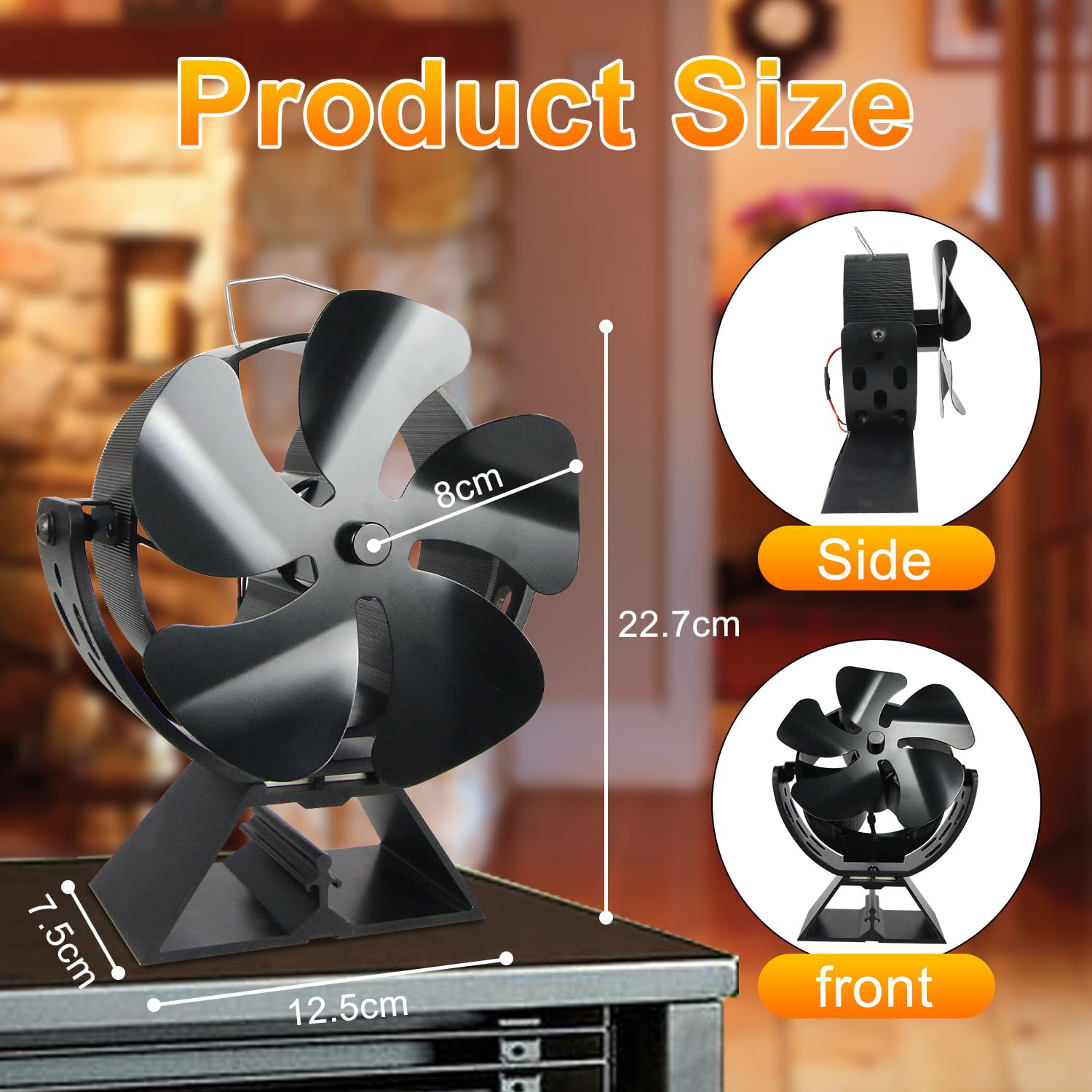 VODA Wood Stove Fan 5 Blades Heat Powered Stove Fan Wood Burning Fans 180°Up and Down Adjustable Fireplace Fan for Wood Burner Stoves Eco Stove Top Fan for Fireplaces