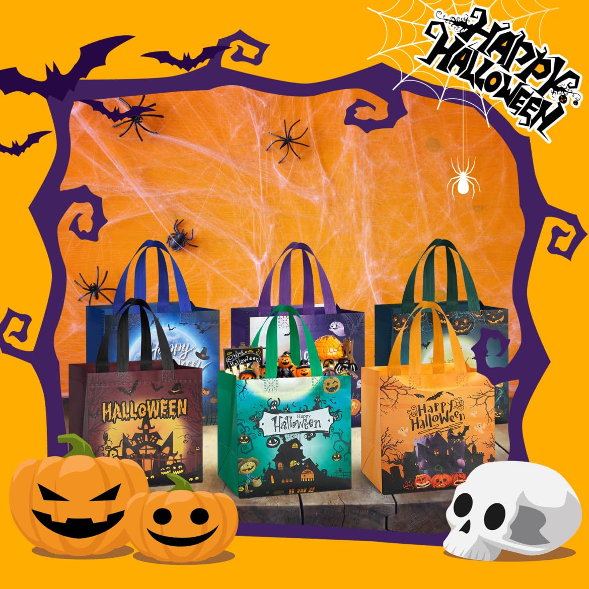 GPSHLUEP Halloween Non-Woven Gift Bags, Halloween Treats Bags, Halloween Trick or Treat Tote Bag, Halloween Party Bags with Handles for Gifts Wrapping, Halloween Party Supplies