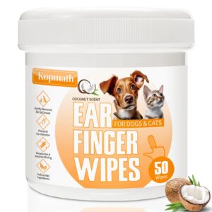 kopmath dog ear wipes, ear cleaner finger wipes for dogs & cats, gently remove earwax & odor, soothe ear itching and infection, easy to use, natural cat ear wipes for dogs, 50 count, coconut scent