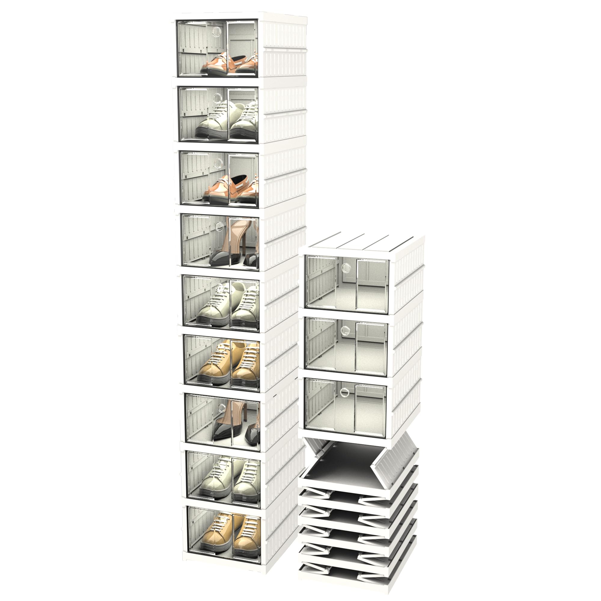 Lacusmall Collapsible Shoe Organizer with Doors,9 Tiers Stackable Shoe Organizer for Closet,No Assembly Sturdy Clear Collapsible Shoe Cabinet for Living Room Bedroom(White)