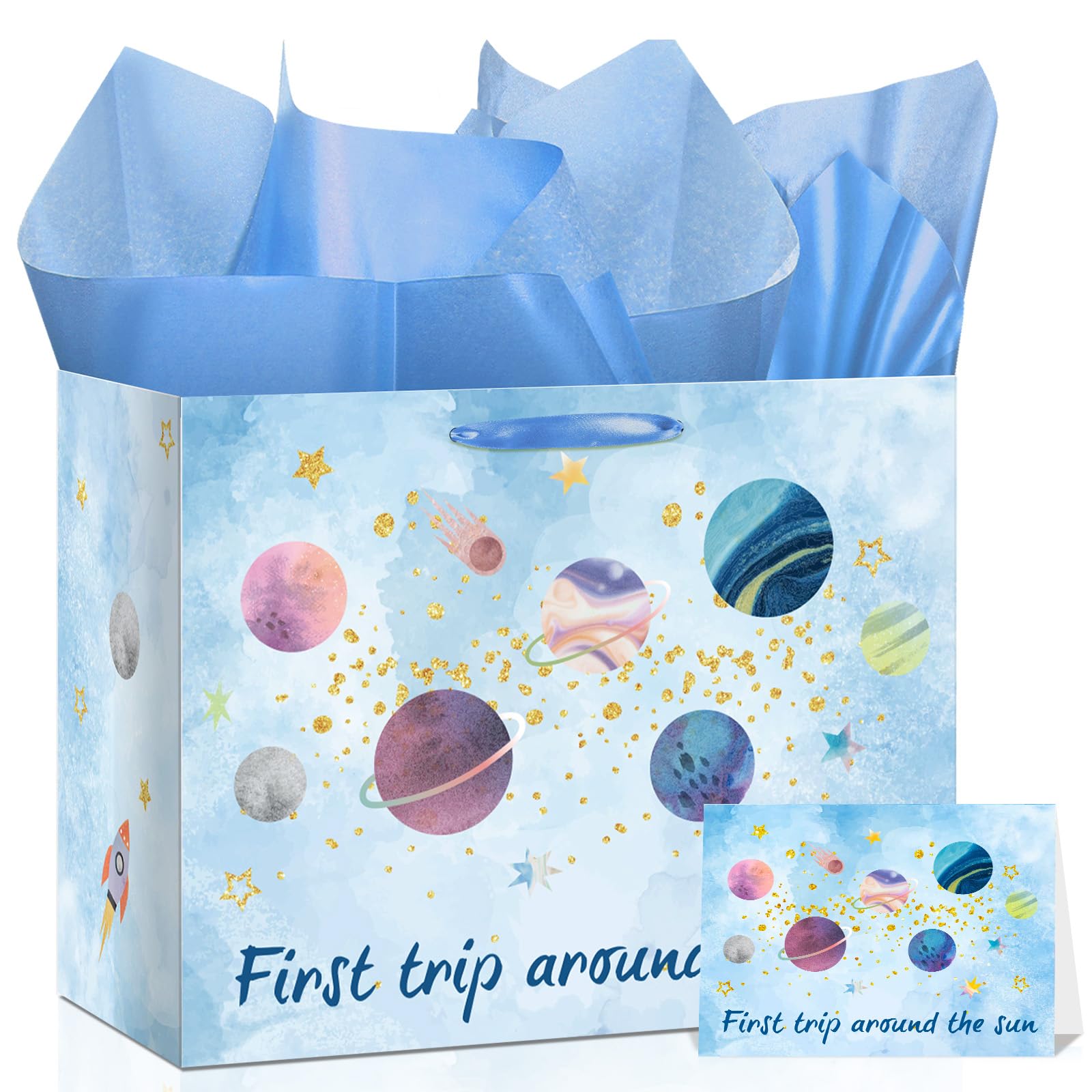 Baby Boy Gift Bags First Trip Around The Sun Decoration Galaxy Space 1st Birthday Wrapping Paper Bag Planet One Year Old Greeting Card Tissue Papers for Boys Baby Shower Party Favors Decor Supplies